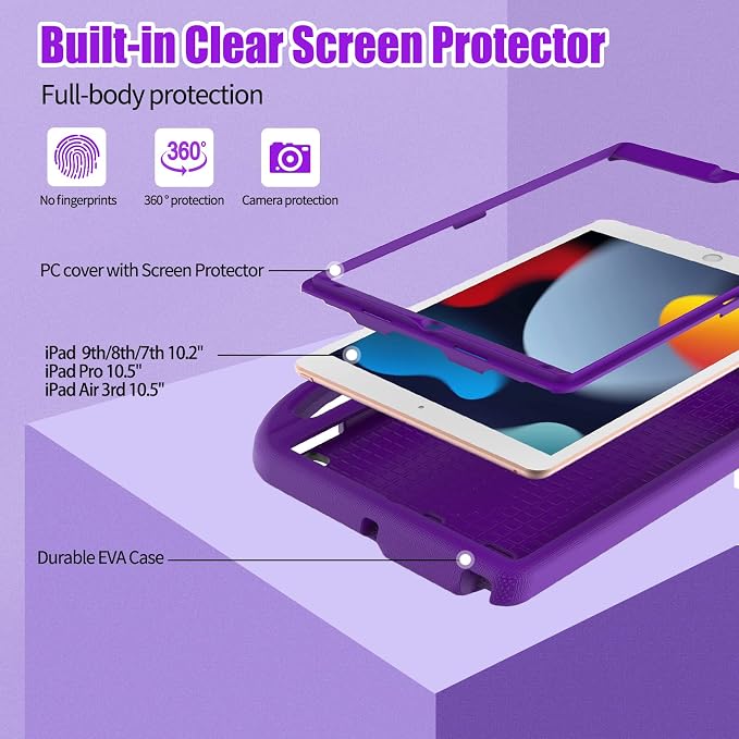 Kids Case for iPad 10.2 &amp 10.5 iPad 9th/8th/7th Generation 10.2 2021 2020 2019 Case with Screen Protector iPad Air 3rd Gen/Pro 10.5 inch Protective Cover with Handle Stand Black