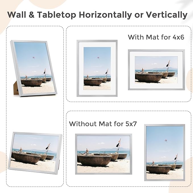 5x7 Picture Frame - 7 by 5 Metal Frame With Mat For 4x6, Aluminum Photo Frame Plexiglass And Hanging Hardware Included, 5 x 7 Silver Picture Frame | Silver