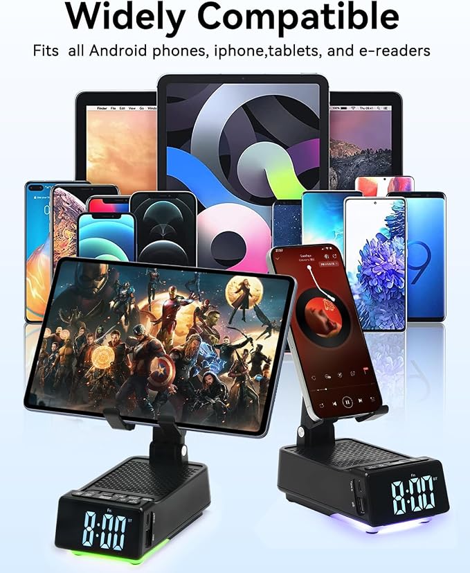 Birthday Gifts for Women Men 7 in 1 Multi-Function Phone Stand with Bluetooth Speaker Portable Charger Alarm Clock LED Light USB Playback Hands-Free Calling (Black)
