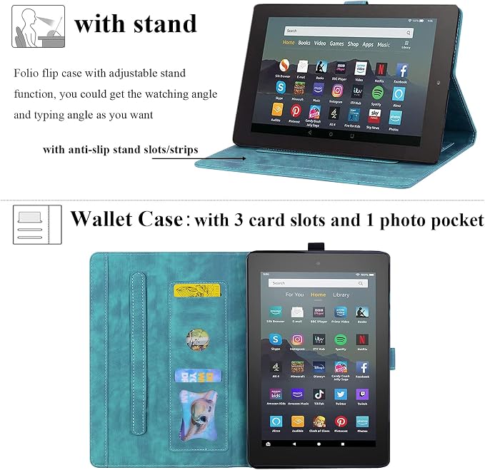 Kindle Fire HD 8 Tablet Case (8th/7th/6th Generation)Smart Stand Synthetic Leather Cover with Auto Wake/Sleep [Card &amp Pencil Holder] for 8 Amazon Fire HD 8 (2018/2017/2016) Blue Sea Beach