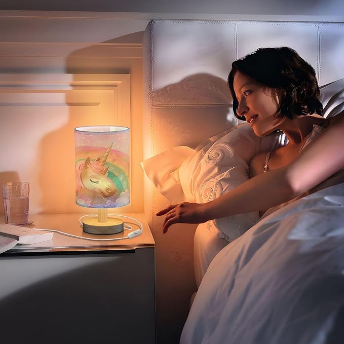 Bedside Lamp Pink Unicorn Cute Table Lamp with USB Port Wood Base for Living Room,Bedroom,Nightstand 214B5433