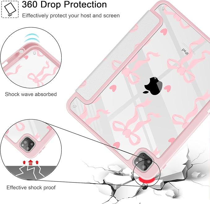 Case for iPad 12.9 Inch (6th/5th/4th/3rd Generation 2022/2021/2020/2018) Pencel Holder + Trifold Support Auto Sleep/Wake Transparent Shockproof Back Cover Abstract Floral SD163