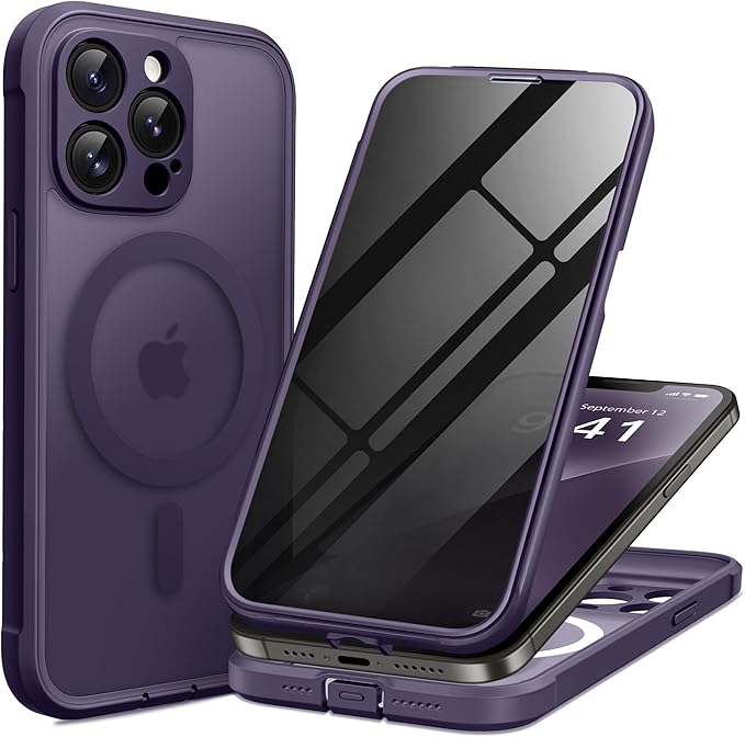 BERFY Magnetic for iPhone 13 Pro Max Case,Compatible with MagSafe,Built-in Privacy Screen Protector and Upgraded Camera Protection,Anti-Spy Full Body Shockproof Phone Case for 13 Pro Max 6.7",Purple