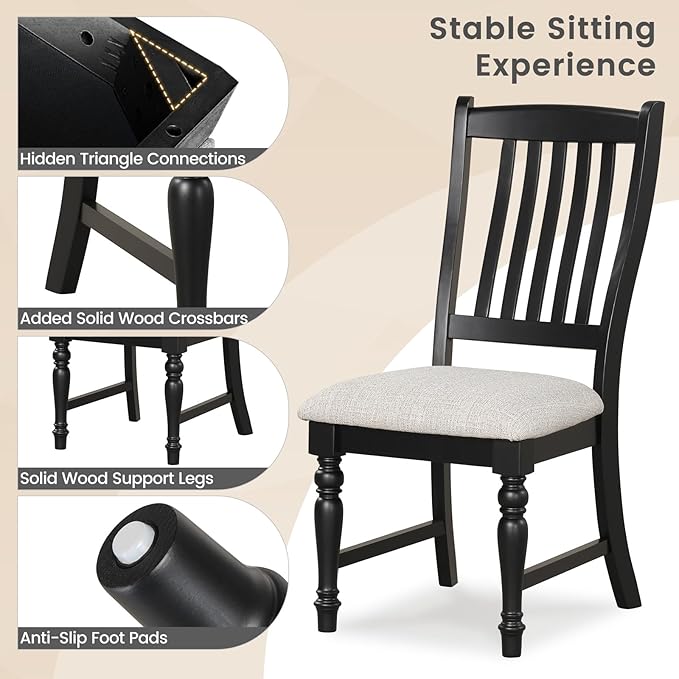 Giantex Wood Dining Chairs Set of 4, Farmhouse Black Kitchen Chairs with Solid Wood Frame, Max Load 355 Lbs, Armless Upholstered Dining Side Chairs with Cushion Seat, Slat Back Dining Room Chair