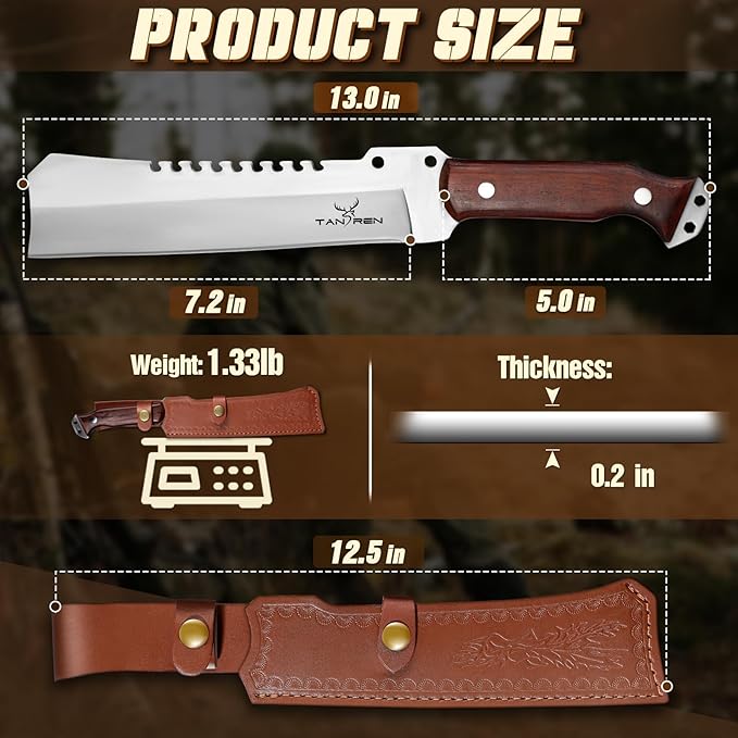 TAN REN Machete for Cutting Trees Heavy Duty, Survival Machete with Sheath for Yard Work, Full Tang Fixed Blade Knife with Wood Handle, Camping Machetes Heavy Duty, Clearing Brush and Gardening