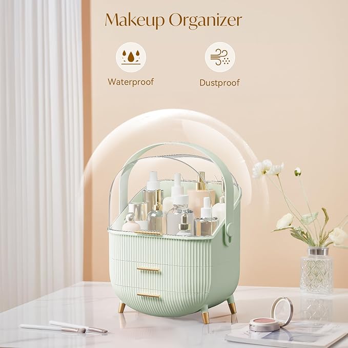 Makeup Organizers, Make Up Organizers for Vanity, Countertop Cosmetic Storage with Drawers and Transparent Cover for Bedroom Bathroom (Light Green)