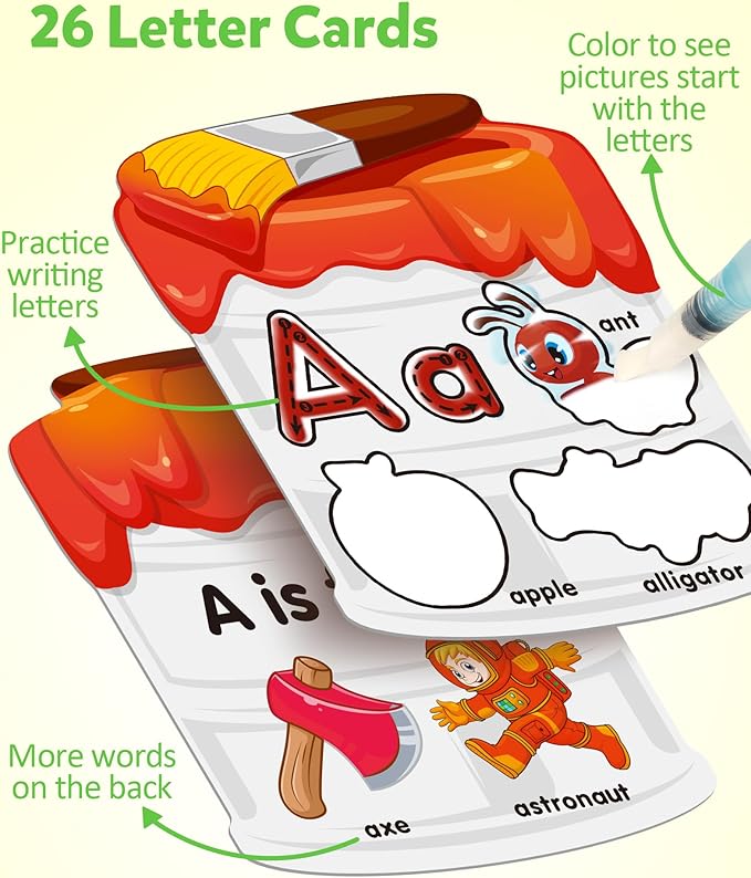 Coogam Water Painting Cards with Learning Alphabet, Reusable Aqua Painting Doddle Vocabulary Flash Cards, ABC Words Learning Educational Montessori Toy Gift for 3 4 5 Year Old Kids