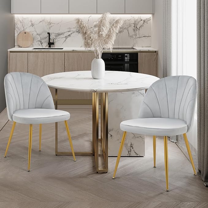 Velvet Dining Chairs Set of 6, Upholstered Mid Century Modern Dining Chairs, Armless Accent Chair with Metal Gold Legs for Living Room, Kitchen, Dining Room, Grey