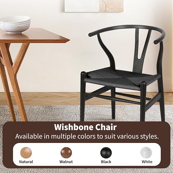 Wishbone Chair, Solid Wood Armrest Woven Seat Chair, Kitchen & Dining Chair, Wishbone Y Black Chairs - Set of 1 (Ash Wood - Black)