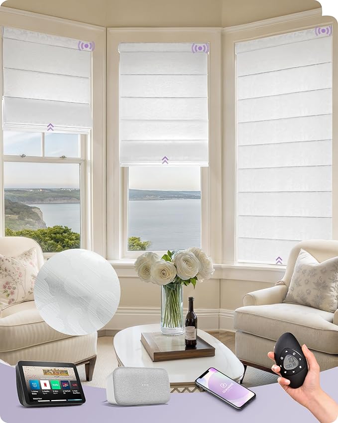 Graywind Smart Roman Shades Compatible with Alexa Google Rechargeable Motorized Blinds with Remote Light Filtering Roman Window Shades Plain Fold Soft for Doors Bedroom, Custom Size (Floral White)