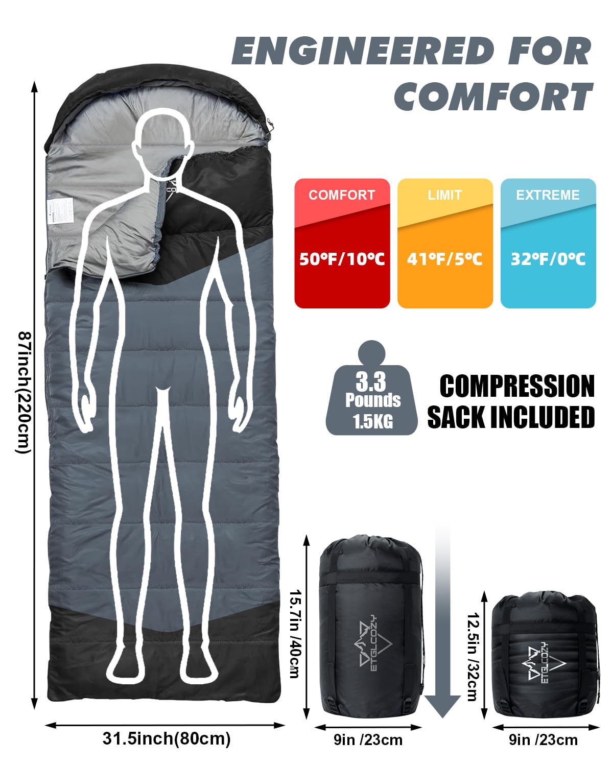 ETGLCOZY Lightweight 3-Season Sleeping Bag for Adults/Kids Camping, Compact w/Compression Sack, Waterproof Ripstop, Portable for Backpacking Hiking Travel, 50-80°F, Gray/Black