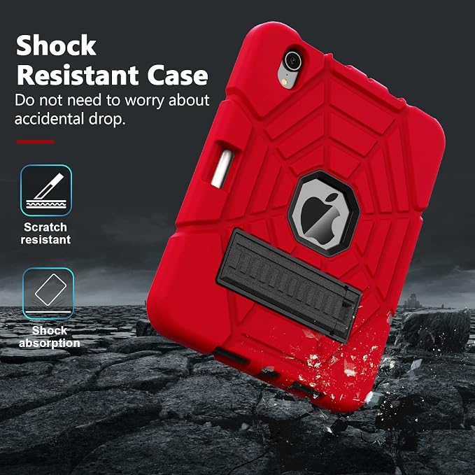 Grifobes Case for iPad mini 7th 2024 (A17 Pro) / Mini 6th Generation 2021 8.3 Heavy Duty Shockproof Cover with Pencil Holder Stand for i Pad Mini 7/6 Gen 8.3 inch Case (Black+Red+Red)