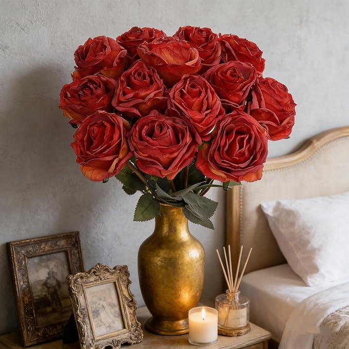 Kimura's Cabin 12pcs Lifelike Faux Silk Roses Flowers Vintage Artificial Rose with Stem Bouquet Fake Roses Dried Flower for Valentines Home Table Centerpiece Wedding Party DIY Decoration(Orange red)
