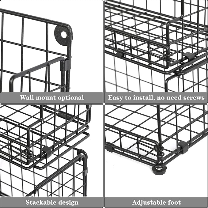 X-cosrack Stackable Wire Basket 3 Tier Countertop& Wall Mounted Metal Storage Basket for Kitchen Pantry Cabinet, Muti-functional Open Front Bin Organizer for Food Fruit Snack, Black