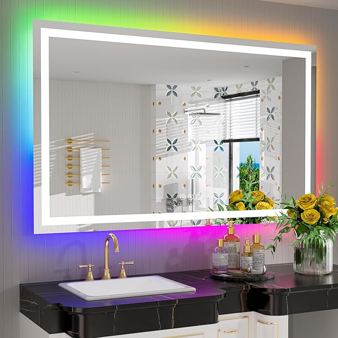 YEELAIT 55x36 Inch RGB LED Bathroom Mirror Front Light and RGB Backlit Lighted Vanity Mirror for Bathroom Wall Mounted Dimmable Anti Fog Memory Shatter-Proof IP54 Waterproof Horizontal/Vertical