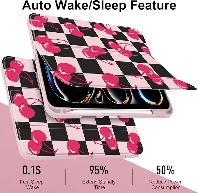 DONGKE for iPad Pro 11-Inch Case (M5 2025 / M4 2024) 6th/5th Generation [Auto Sleep/Wake &amp Pencil Pro Holder] Clear Acrylic Back Smart Trifold Stand Cover Bear &amp Cherry