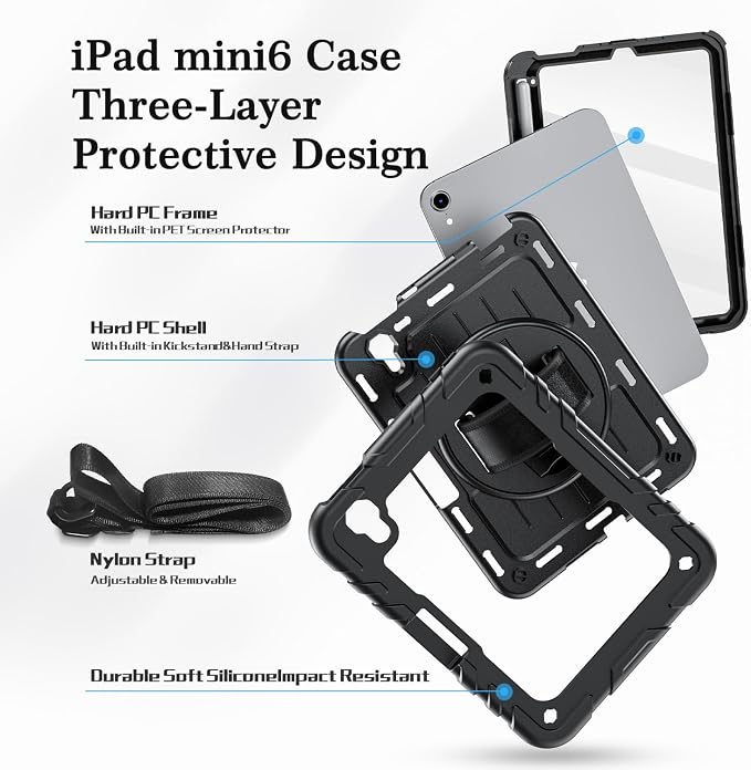 for iPad mini 7 A17 Pro/iPad mini 6 8.3 Inch Case iPad mini 7th/6th Generation Case (2024/2021) with Pencil Holder/Kickstand Hand Strap/Shoulder Strap Black