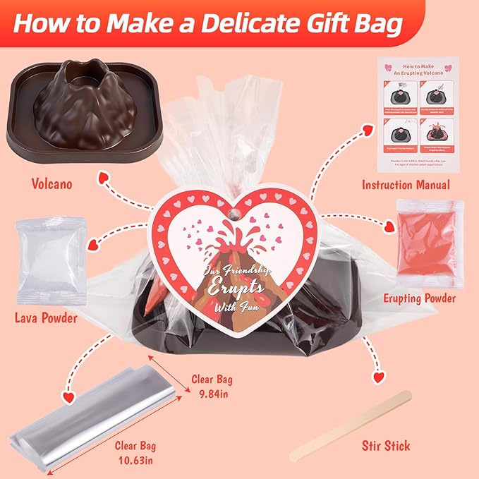 Valentines Day Gifts for Kids Classroom: 24 Pack Erupting Volcano Science Kit with Cards, 4 Lava Colors, STEM Educational Toys for Boys Girls Classroom Exchange Gifts Prizes School Party Favors
