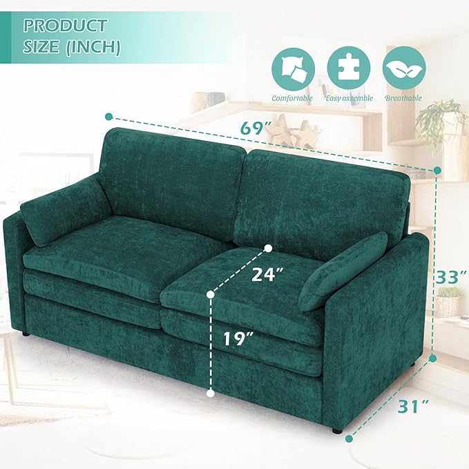 69” Chenille Loveseat Sofa w/Arm Pillows, Upholstered 2-Seater Sofa w/Comfortable Back Cushions, Modern 2 Seats Couch w/High-Density Foam for Living Room, Apartment, Office, Teal