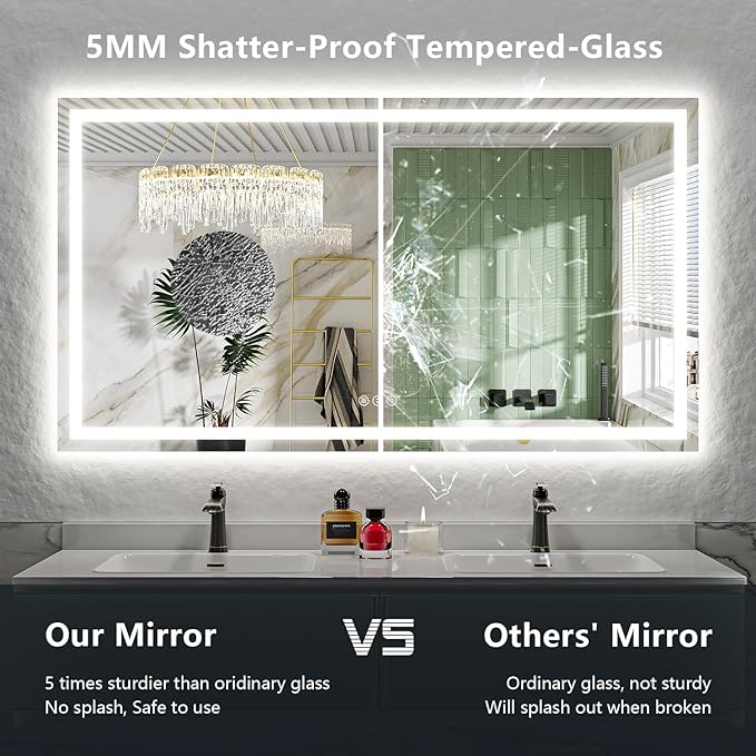YEELAIT 66x40 Inch LED Bathroom Mirror with Lights Front and Backlit Lighted Vanity Mirror for Bathroom Wall with 3 Colors Dimmable Anti-Fog Memory Shatter-Proof IP54 Waterproof Horizontal/Vertical