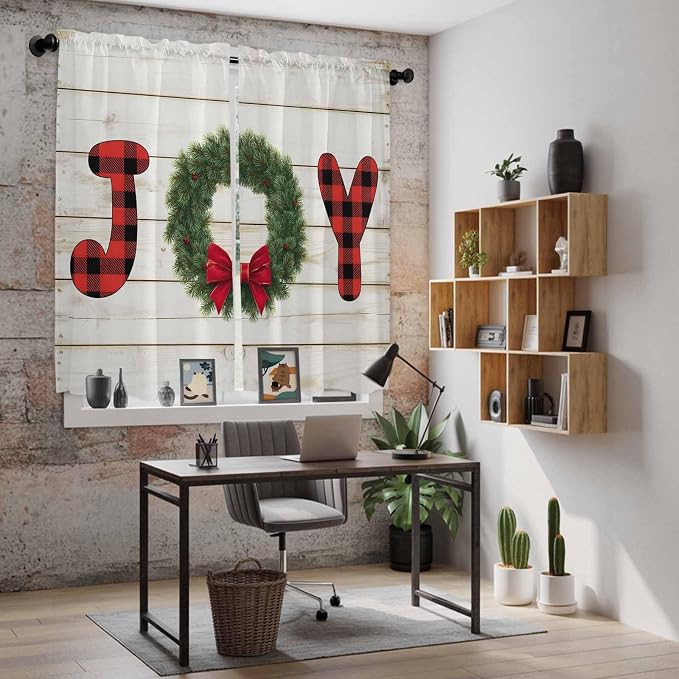 Christmas Wreaths Window Curtains 63 Inch Long 2 Panel Set, Rod Pocket Bedroom