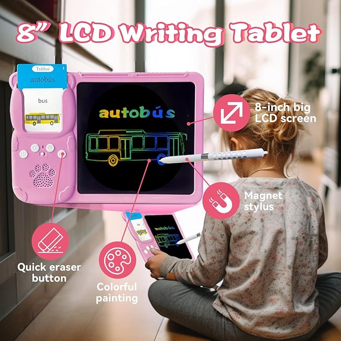English Spanish Flash Cards for Kids 3-12 - Drawing Writing Tablet for Toddlers, Sensory Toys for Autistic Children, 510 Sight Words, Travel Activities for 4 Year Old Girl Boy (Pink)