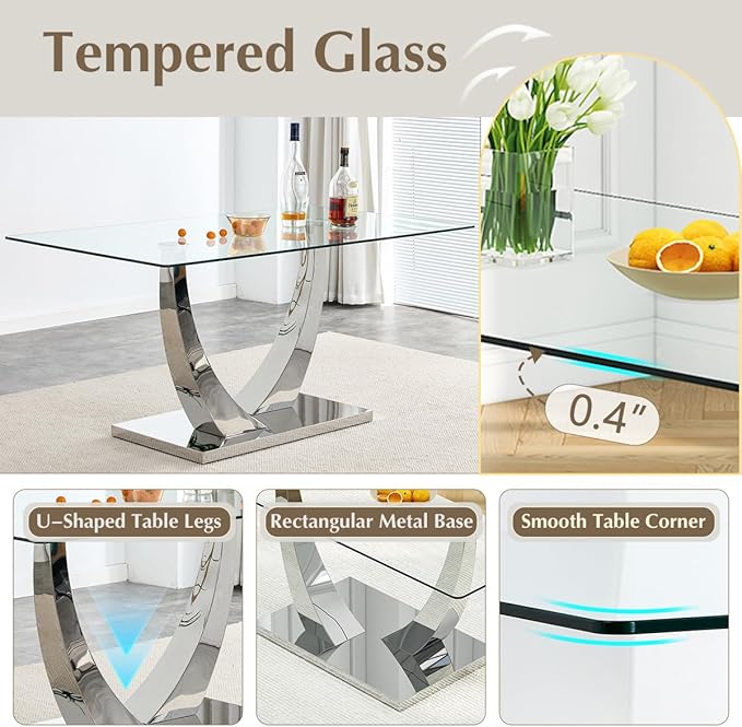 Glass Dining Table Set for 4,Dining Room Table Set for 4,Kitchen Table Set with 4 PU Leather Chairs,63'' Glass Dining Table Set with Silver U-Shaped Table Legs and Rectangular Base