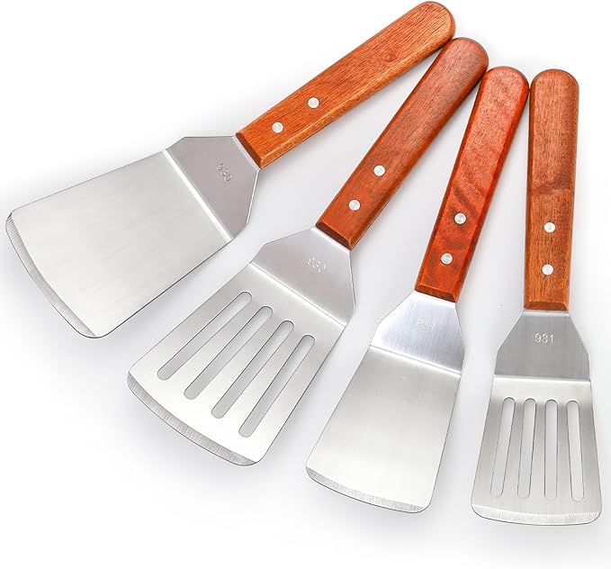 Pumtus 4 Pack Stainless Steel Spatula Set, 2 Sizes Metal Spatulas for Kitchen Use, Hevy Duty Solid & Slotted Turner with Wooden Handle, Flat Top Grill Spatula for Egg, Hamburger, Fish, Cooking, BBQ
