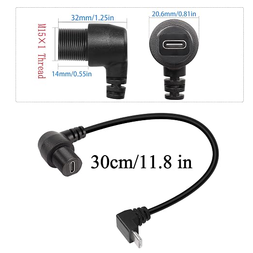 QIANRENON 90 Degree Angle USB C Flush Panel Mount Cable USB Type C 2.0 Female to Male Right Angle Waterproof Extension Cable Threaded to Dashboard or Panel 30cm/11.8 in (UP&ampDown Bend)