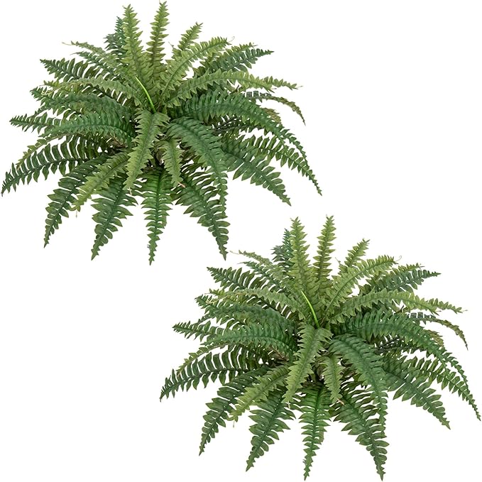 Ferns Artificial Plants Set of 2 Large Faux Ferns for Outdoor Planter 23.6" Dia. Realistic Potted | Hanging Boston Fern | Fake Shrubs for Home Garden Porch Farmhouse Decor