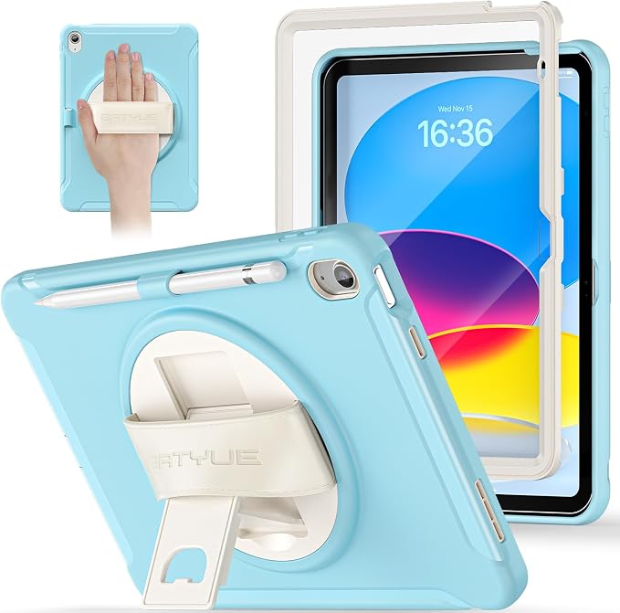 BATYUE Shockproof Case for iPad 10th / 11th (A16) Gen 11 inch CoralOrange | 3in1 PC+TPU Heavy Duty Leather Hand Strap Adjustable Stand Screen Protector Pencil Holder Easy Clean Personal/Busine