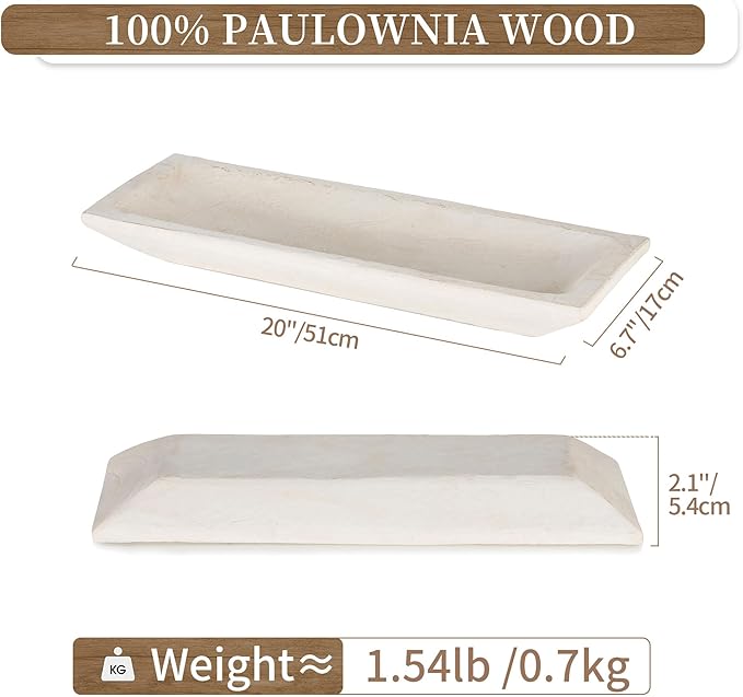 Hanobe Decorative Wood Dough Bowl: Large Long Wooden Bowl for Entry Way Table Home Decor - Coffee Table Decor for Living Room - Dining Table Centerpiece Decor, White