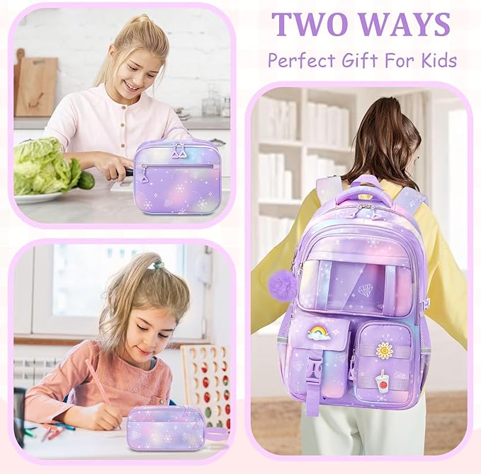 School Backpack for Girls - 5pcs Cute Girls Backpack with Lunch Box for Teens Kids Elementary Middle School - 17″ Students Bookbag Travel Back Pack for Age 6-18