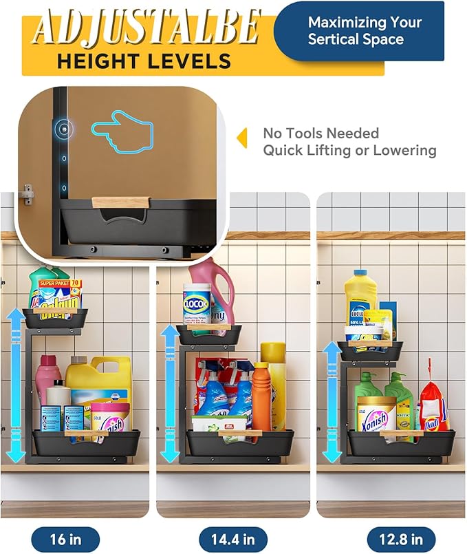 Under Sink Organizer, 2 Tier Adjustable Height Under Sink Organizers and Storage, L-Shaped Slide Out Pull Out Cabinet Organizers for Bathroom Kitchen Pantry(1 Pack, Black)