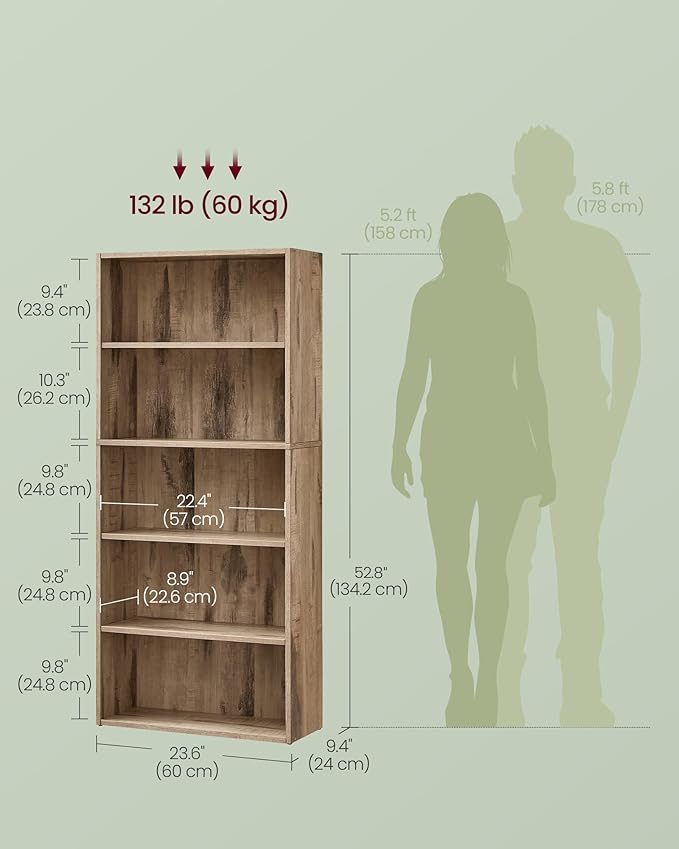 VASAGLE Custos Collection - Bookshelf, 5-Tier Bookcase, Book Shelf, Open Storage Shelf, 9.4 x 23.6 x 52.8 Inches, for Living Room, Home Office, Dinning Room, Camel Brown ULBC165T50