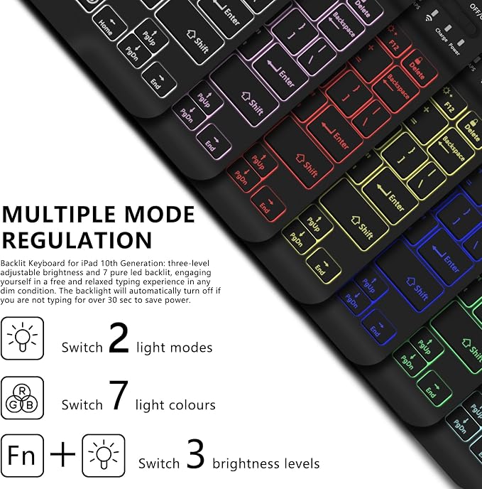for Bluetooth Keyboard for iPad 10th Gen 10.9 inch (2022) case (A16) 11th / 10th Gen Case 11'' (2025) with 7-Color Backlights Pencil Holder Detachable Rechargeable - Black Cow