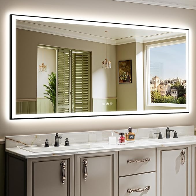 YEELAIT 88x38 Inch LED Bathroom Mirror with Lights (Front Lit and Backlit) Black Framed Lighted Vanity Mirror for Bathroom Wall Dimmable Anti-Fog Memory Tempered Glass Horizontal/Vertical