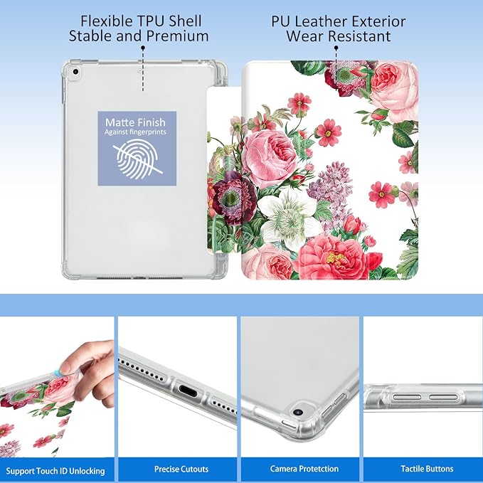 Lokigo for iPad 9th/ 8th/ 7th Generation Case 10.2 Inch (2021/2020/2019 Release) iPad Air 10.5 (3rd Generation) 2019 /Pro 10.5 2017 Case with Translucent Hard Shell Back -Flowers