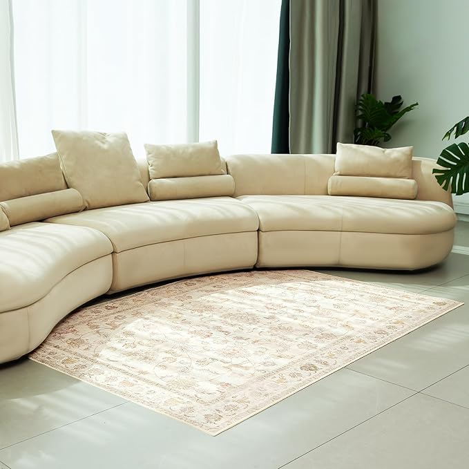 5x7 Soft Washable Area Rugs for Living Room and Bedroom, Non-Slip Stain Resistant Indoor Carpet, Cozy Floor Mat for Dining Room, Office, Under TableStain Resistant Persian Beige Floral