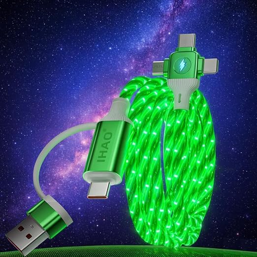 IHAO Multi Ports Light-Up USB Cable USBA to USBC/MicroUSB Cable Durable Fast Charging Cable with Visible Current Flow As Night Light Use-3in1 Blue