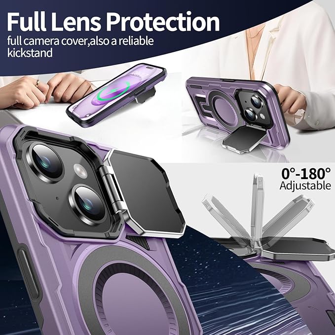 Camera Stand Case for iPhone 15 Plus, [Compatible with Mag Safe] [Lens Cover] 2024 Version Military Grade Protective Soft Case for iPhone 15 Plus 6.7 inch Men Women, Purple