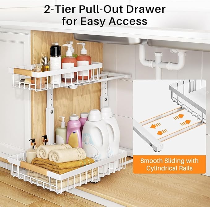 PXRACK Under Sink Organizer, Adjustable Height, 2-Pack 2 Tier Pull Out Under Cabinet Organizer, Slide Out Thickened Metal Under Sink Storage for Kitchen Bathroom Laundry Pantry Cabinet, S, White