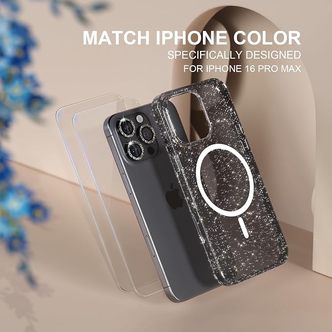 Choiche for iPhone 15 Pro Max Case Compatible with MagSafe Glitter Black | Women Girly Cute Glitter Sparkly Magnetic Phone Case with Diamond Camera Lens Protectors Military-Grade Drop Protection 6.7