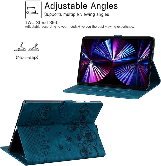 Dteck Case for Samsung Galaxy Tab S9 FE+ Plus 5G Tablet Case 12.4 2023 with Pencil HolderPU Leather Embossed Flower Cat Folio Multi-Angle Viewing Stand Shockproof Protective Tablet 12.4 CoverBlue