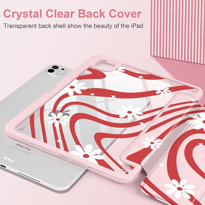 DONGKE for iPad Pro 11-Inch Case (M5 2025 / M4 2024) 6th/5th Generation [Auto Sleep/Wake &amp Pencil Pro Holder] Clear Acrylic Back Smart Trifold Stand Cover Bear &amp Cherry