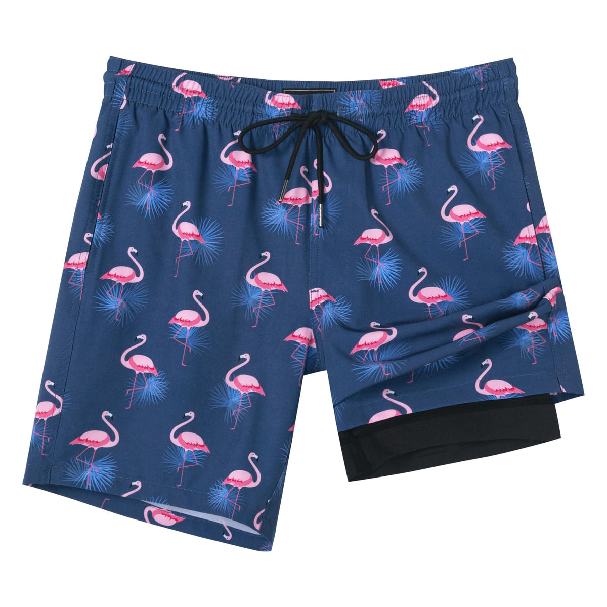 SURF CUZ Mens Swim Trunks with Compression Liner Quick Dry Swim Shorts 7" Swimming Trunks Stretch Zipper Pockets,Sunny Flamingos,M