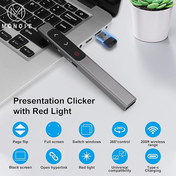 M Monoie Wireless Presenter, Laser Pointer Clicker for Keynote, Laptops, Google Slides - Supports Hyperlinks and Volume Control (Gray Pen/Red/USB Interface)