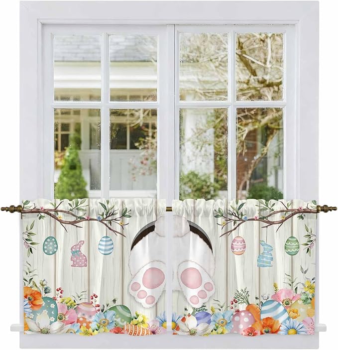 Easter Kitchen Tier Curtains 24 Inch Long 2 Panel Set, Rod Pocket Cafe Small