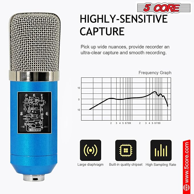 5Core Recordng Microphone Podcast Bundle Condenser w Microphone Arm Desk Mic Stand Computer Gaming Recording Vocals Streaming - RM 7 BLU