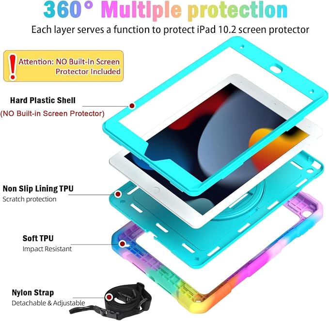 BMOUO for iPad 9th/8th/7th Generation Case 10.2 Black | Shockproof Rotating Stand Shoulder Hand Strap iPad 9th/8th/7th Generation Case with Pen Holder for iPad 10.2“ 2021/2020/2019